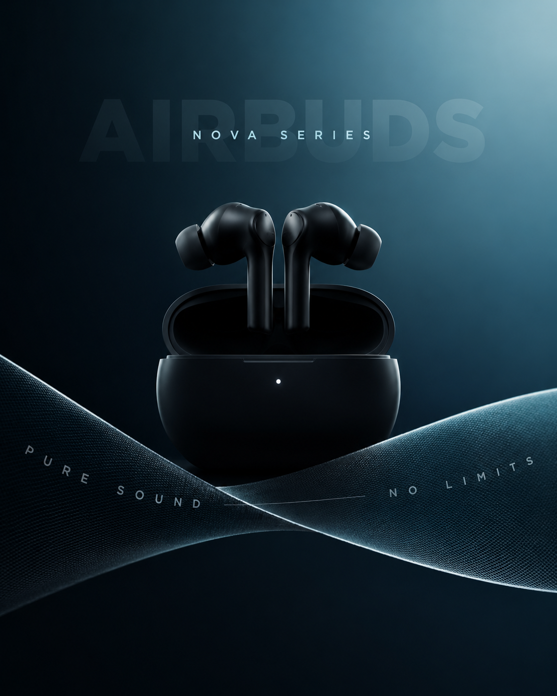 Cinematic studio-style earbuds product ad